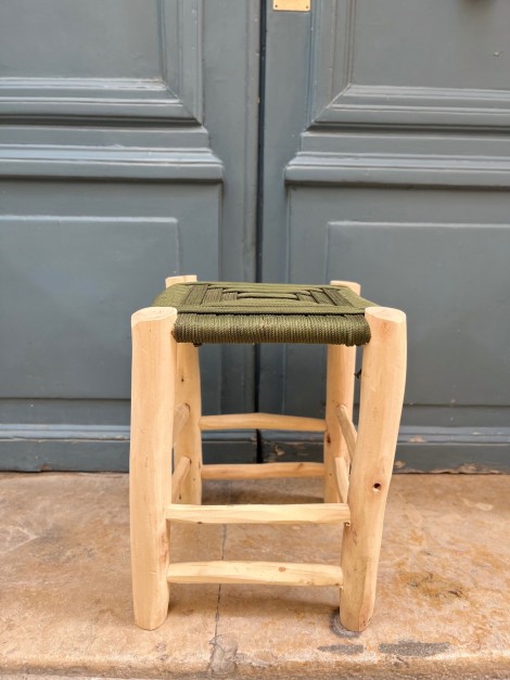 Tabouret en bois et corde 40 cm kaki