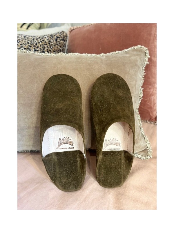 Babouches homme artisanales en cuir et daim kaki