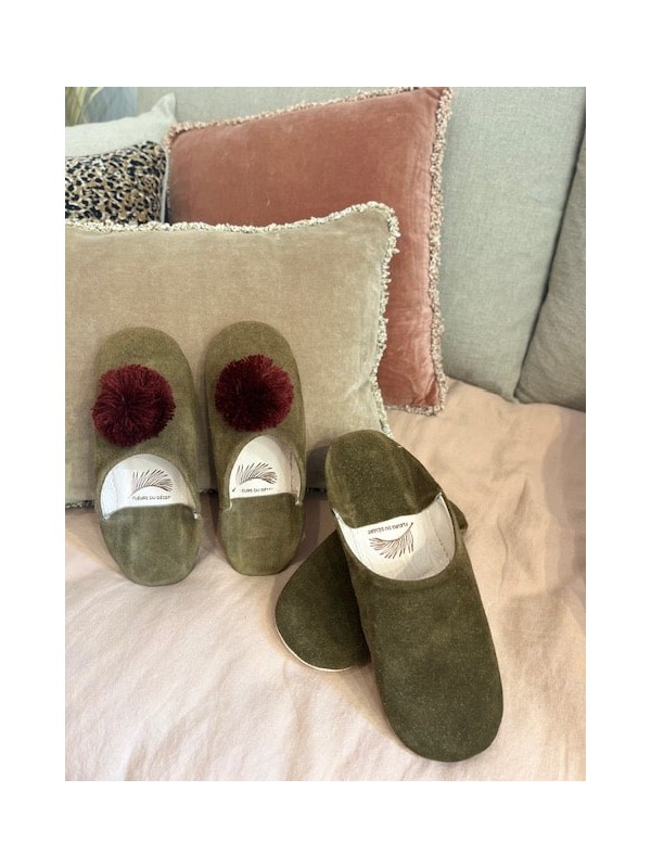 Babouches homme artisanales en cuir et daim kaki