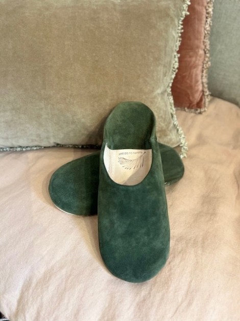 Babouches homme artisanales en cuir et daim vert sapin