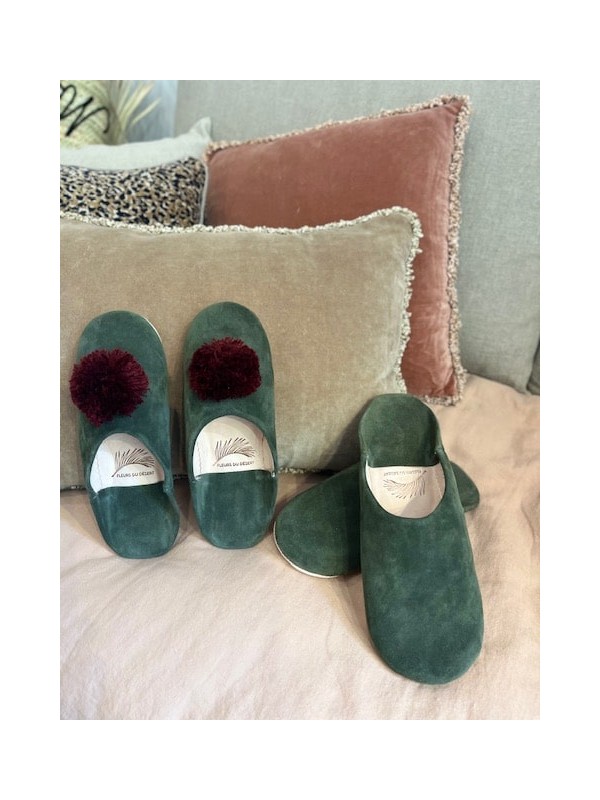 Babouches homme artisanales en cuir et daim vert sapin