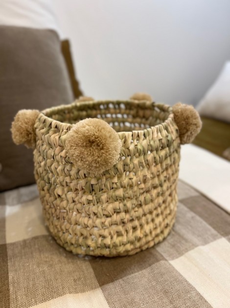 Corbeille à pompon beige en feuille de palmier 20 cm
