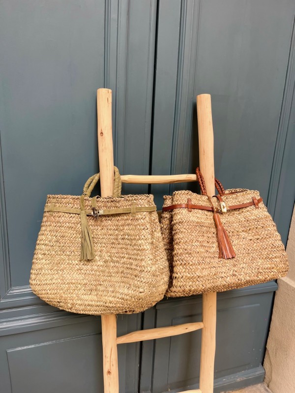 Sac à main en feuille de palmier avec anses tressées en cuir – Fait main au Maroc Style Birkin 40/45 x 30 cm