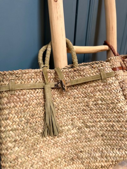 Sac à main en feuille de palmier avec anses tressées en cuir – Fait main au Maroc Style Birkin 40/45 x 30 cm