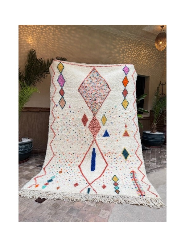 Tapis Beni Ouarain à motifs colorés – Laine naturelle ultra douce – Tissé à la main 247 x 164 cm