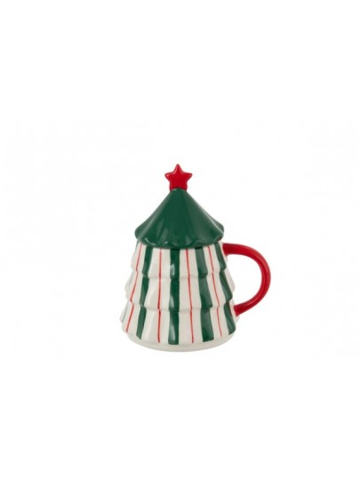 Mug de Noël avec couvercle sapin – Vert, blanc et rouge | H16 cm