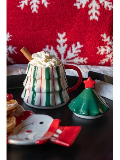Mug de Noël avec couvercle sapin – Vert, blanc et rouge | H16 cm
