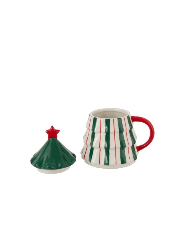 Mug de Noël avec couvercle sapin – Vert, blanc et rouge | H16 cm