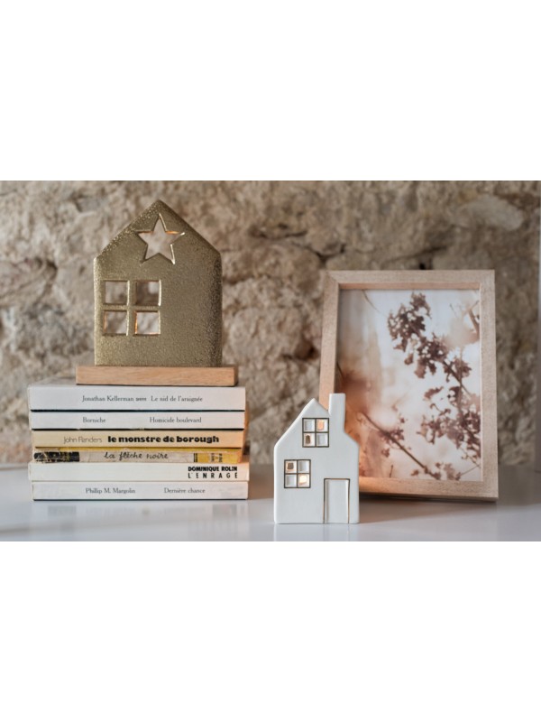 Photophore maison en aluminium doré – Avec bougie chauffe-plat | H15,5 cm