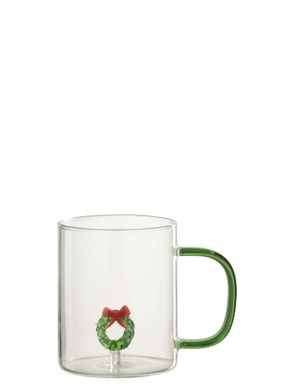 Tasse en verre couronne de Noël – Anse verte | H9,2 x D8 cm