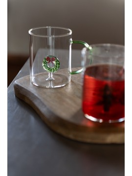 Tasse en verre couronne de Noël – Anse verte | H9,2 x D8 cm