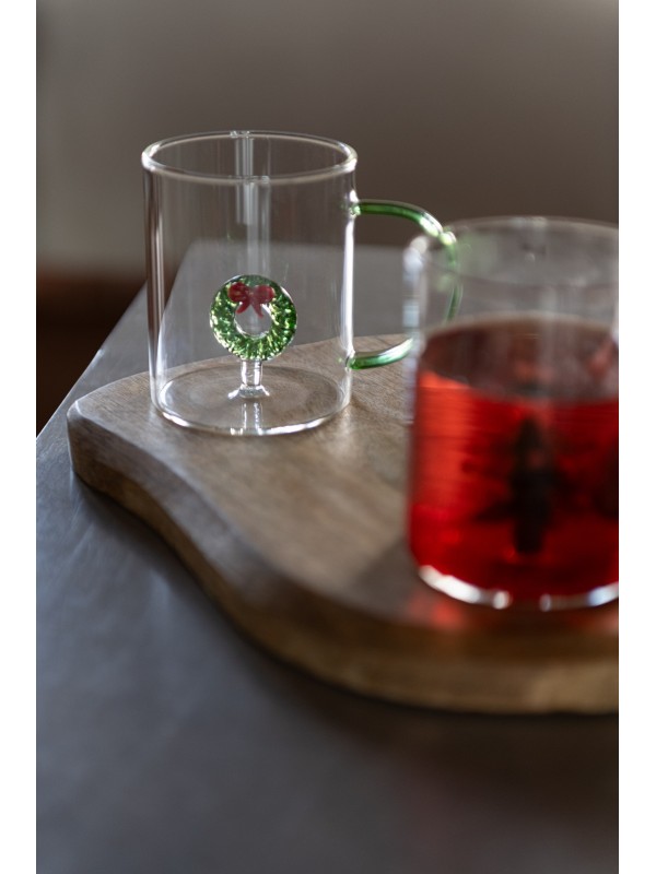 Tasse en verre couronne de Noël – Anse verte | H9,2 x D8 cm