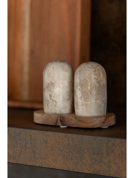 Lot sel et poivre en marbre avec plateau en bois – H10 x 14,5 x 7,5 cm