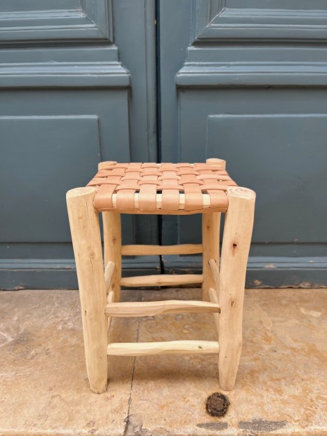 Tabouret en bois & cuir tressé 40 cm