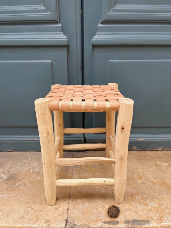 Tabouret en bois & cuir tressé 40 cm