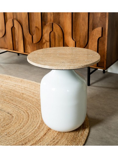 Bout de canapé métal et travertin Madala blanc